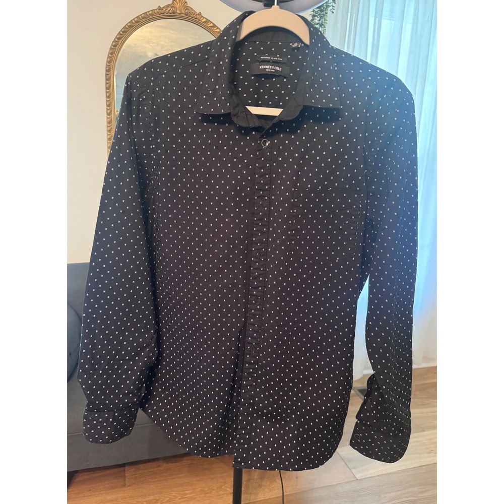 Kenneth Cole New York Mens Black White Micro Print Button Down Shirt Medium M